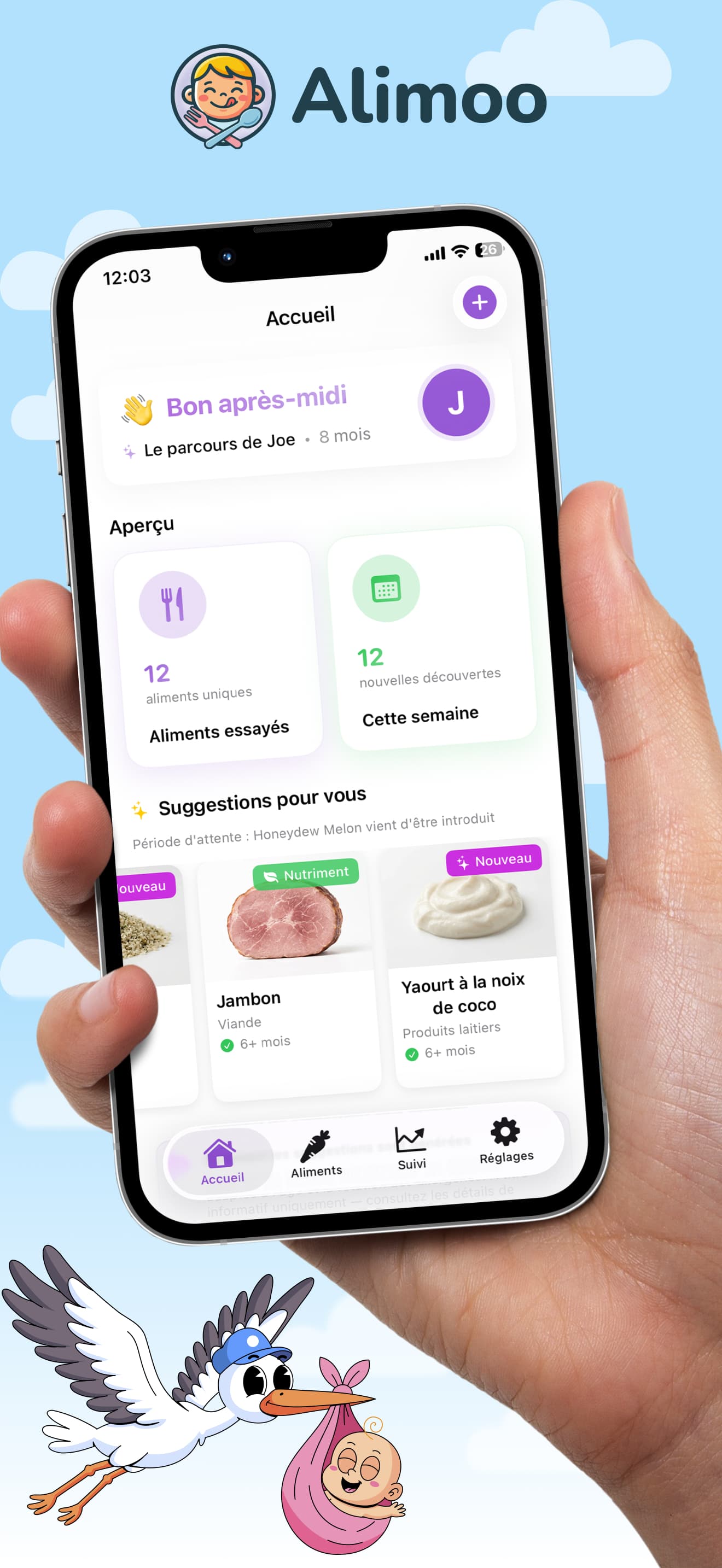 Écran d'accueil de l'app Alimoo