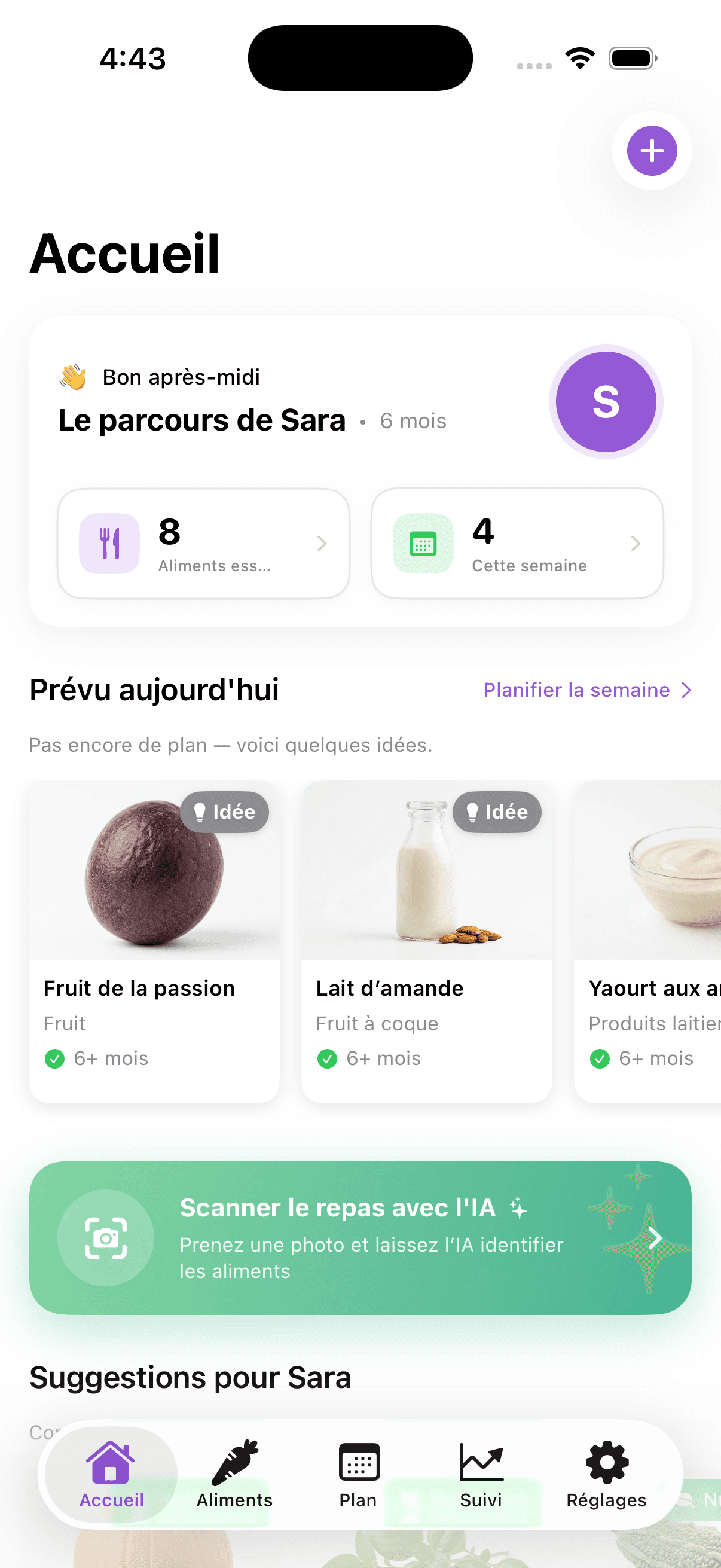 Écran d'accueil de l'app Alimoo