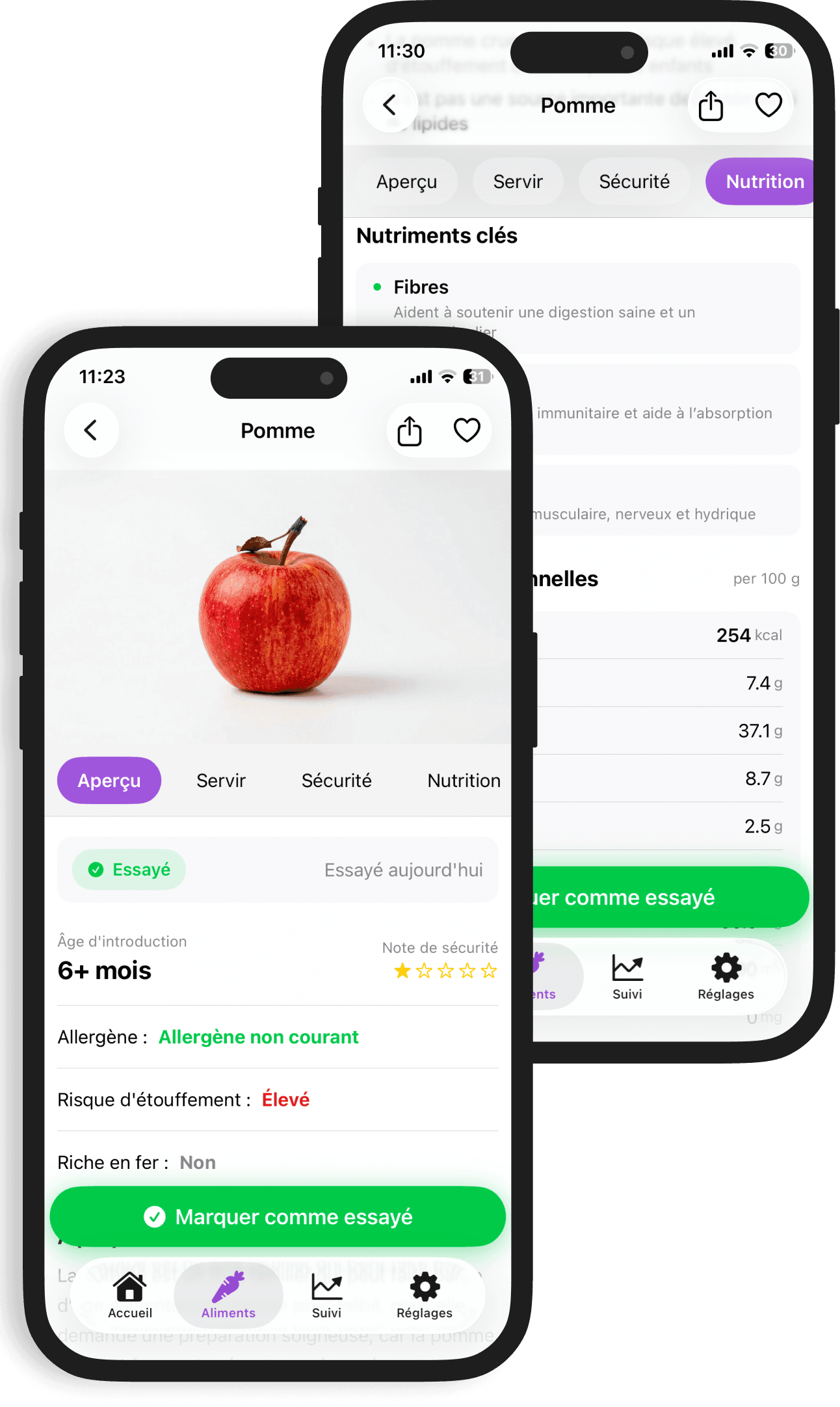 L'app Alimoo affichant nutrition, allergènes et risques