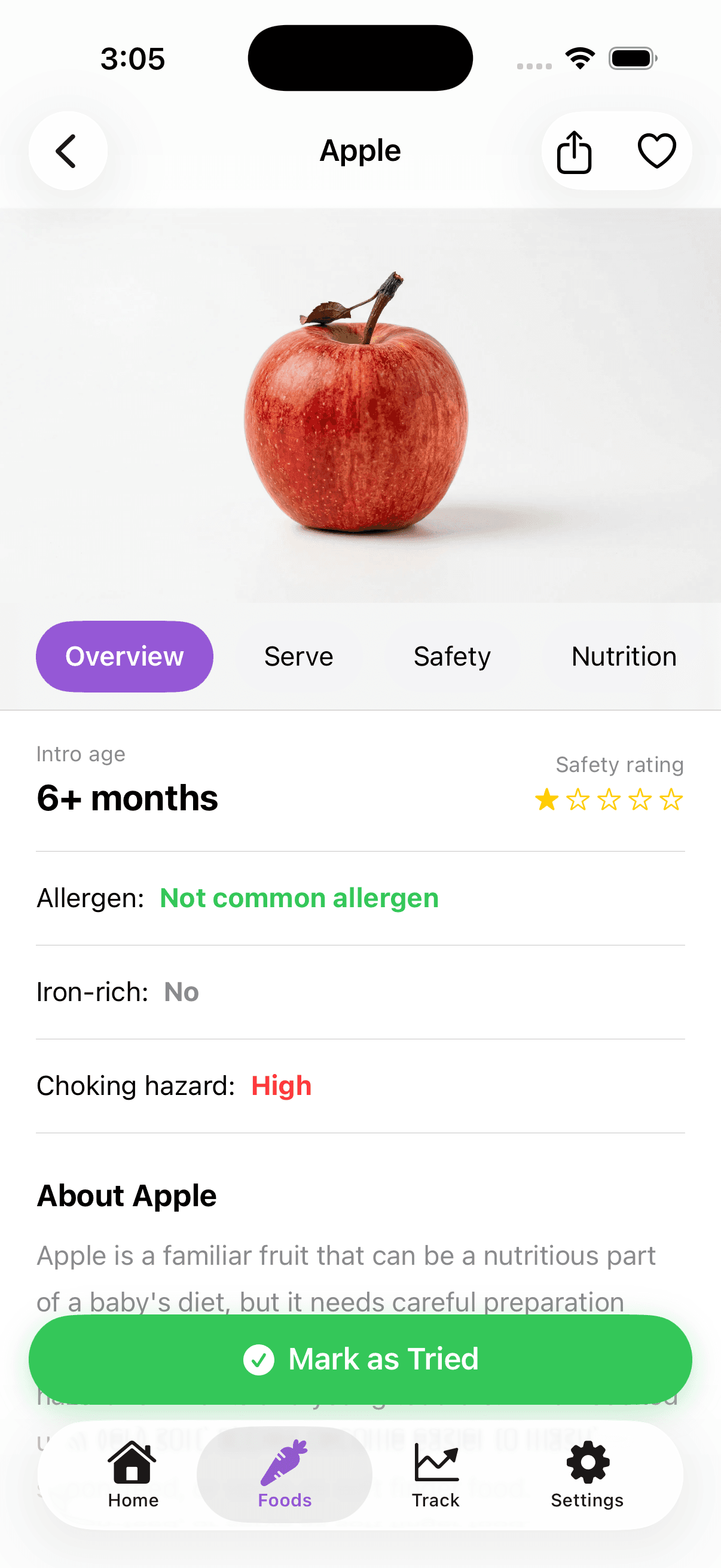 Food detail with allergen information
