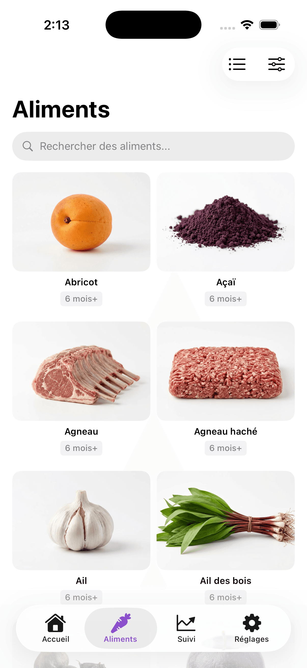 Liste des aliments et filtres dans Alimoo