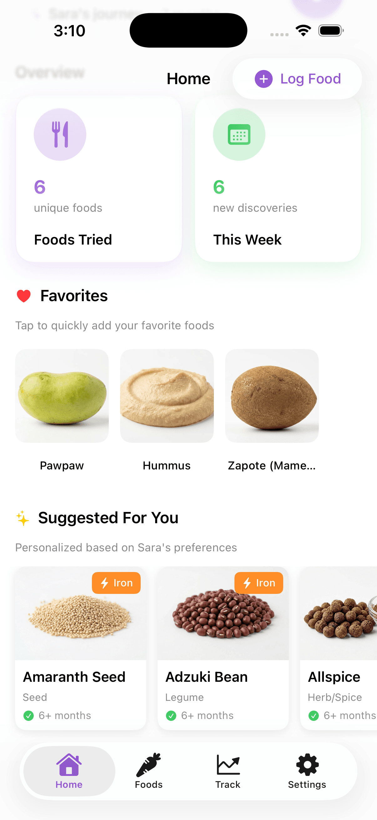 Alimoo home screen showing food suggestions and tracking